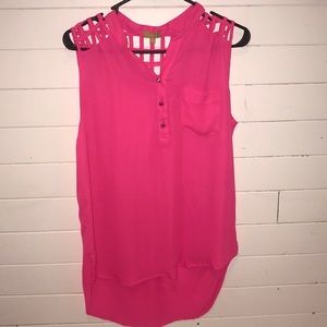 Hot pink shirt with gold buttons